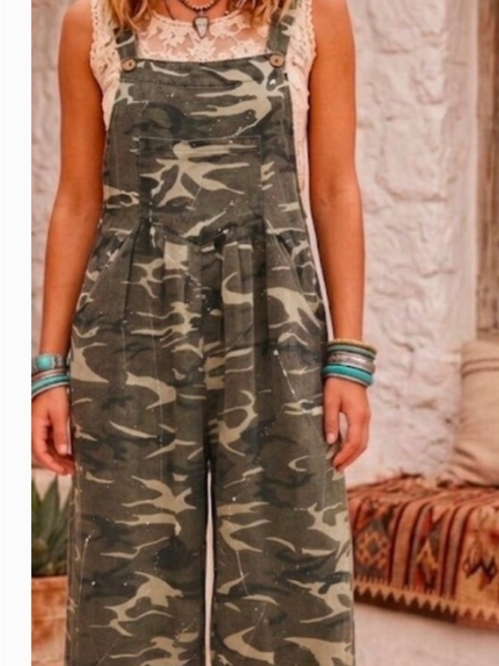 Camo Wide-Leg Romper Jumpsuit in Olive Green